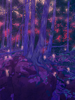 Carvings Large illustration of a forest setting at dusk, where small white spirits are gathering.