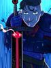 Rainfall An illustration of a man clutching a wound, and leaning on an ominous sword for balance as rain is pouring down around him.