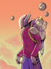 An illustration of an android traveller in a barren landscape with several helper drones flying around.