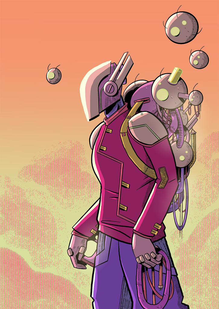 An illustration of an android traveller in a barren landscape with several helper drones flying around.