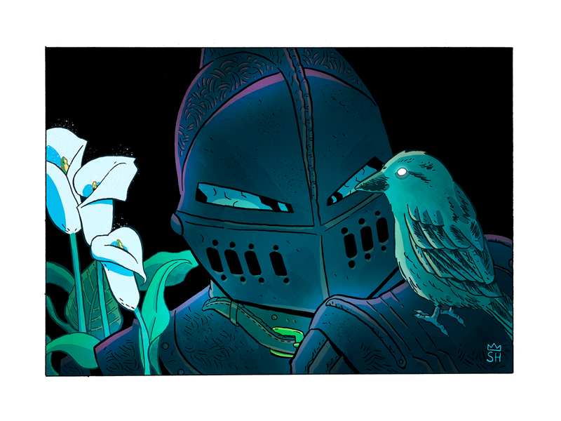 Illustration of a warrior dressed in armour; lilies grow out from the armour and a small bird perches on his hand.