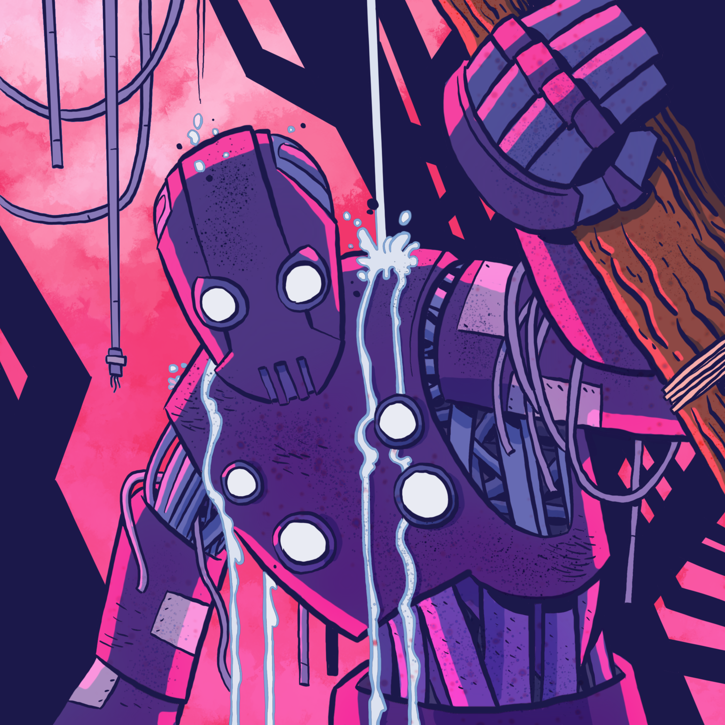 An illustration of a large robot sifting through rubble as water and debris fall down around it.