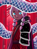 Illustration of a young warrior in long robes and glowing armour. She is surrounded by a glowing, ghostly dragon.