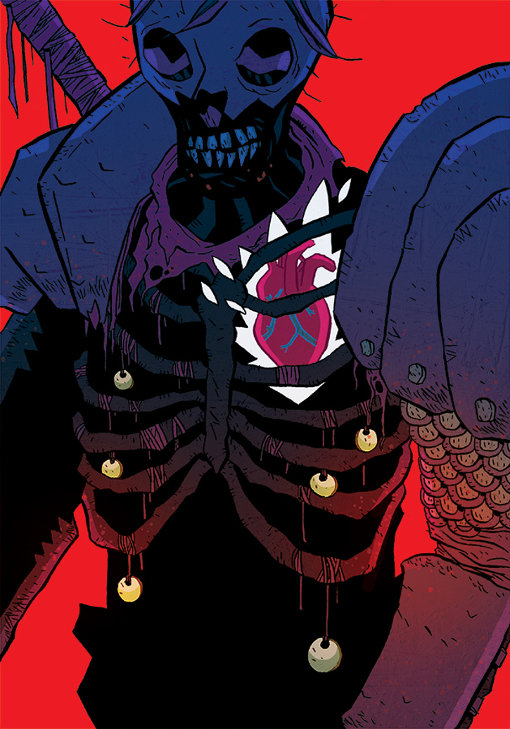 An illustration of a skeletal warrior, draped in coins and armour. His heart can be seen glowing through his rib cage.