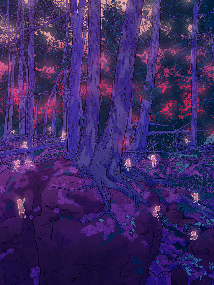 Large illustration of a forest setting at dusk, where small white spirits are gathering.