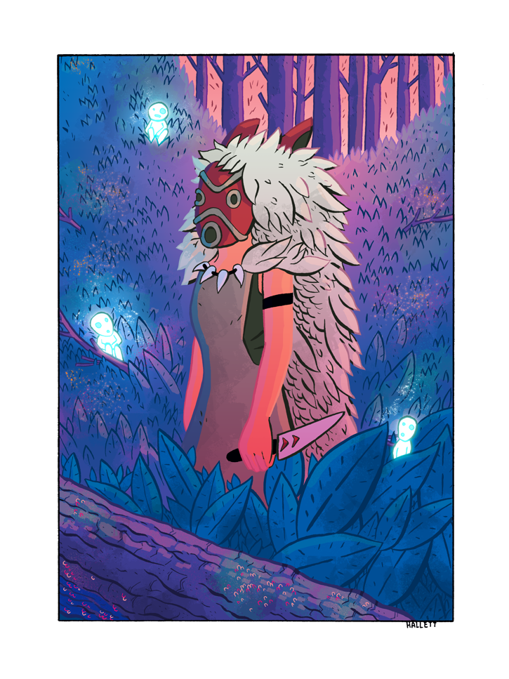 Fan art of the Studio Ghibli film Princess Mononoke. Mononoke stands in the deep forest surrounded by spirits.