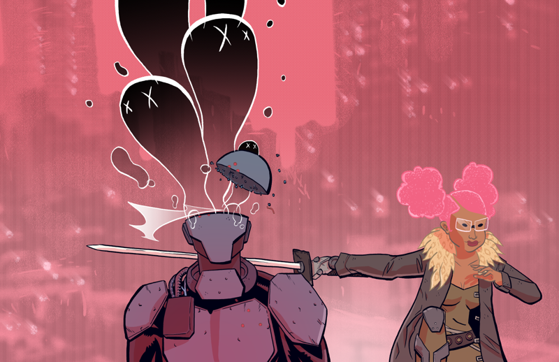 Original character design made in Clip Studio with a stylish woman fighting robots full of ghosts.