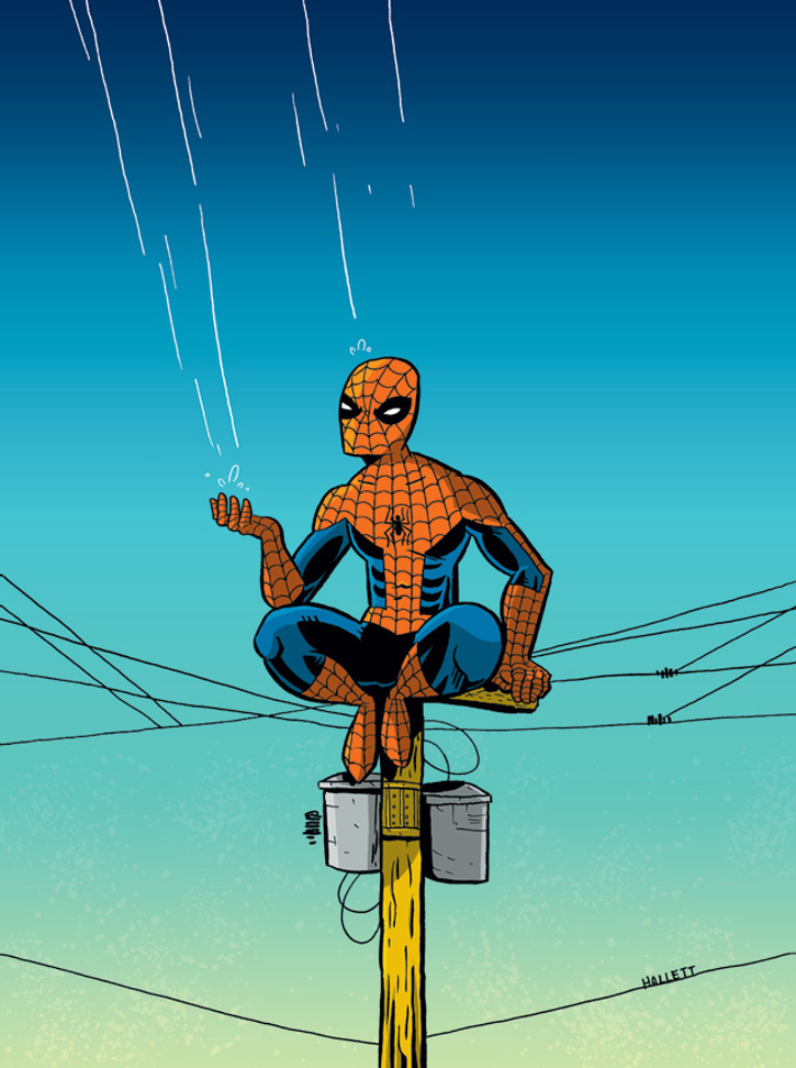 An illustration of Spider-man sitting on an electrical pole, holding up his hand as it begins to rain.