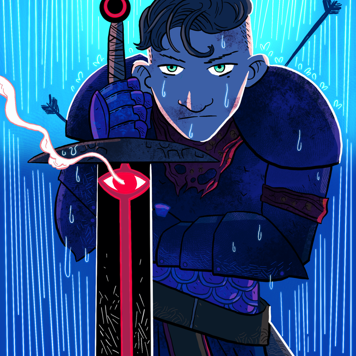 An illustration of a man clutching a wound, and leaning on an ominous sword for balance as rain is pouring down around him.